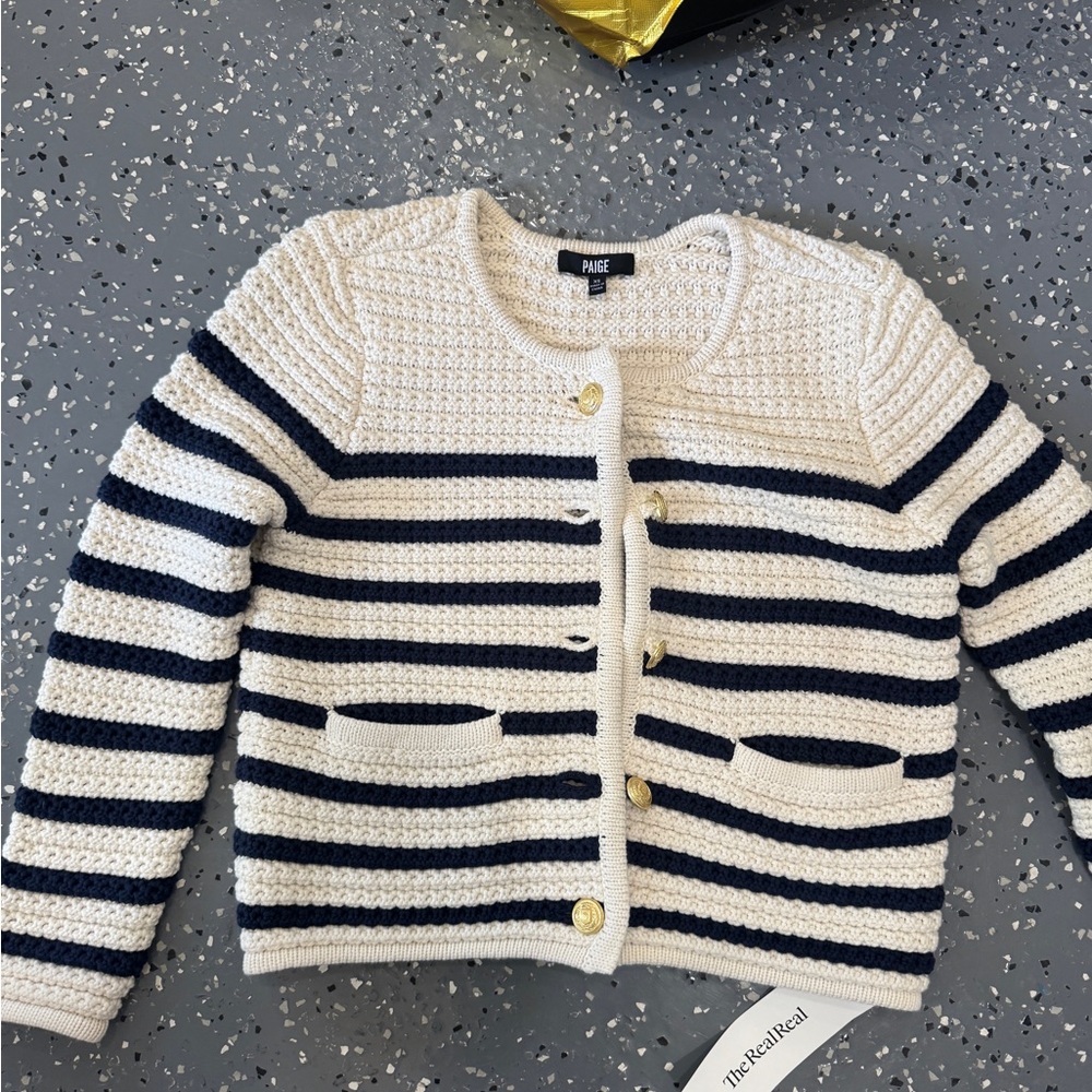 PAIGE Knit Striped Cardigan in Cream & Navy